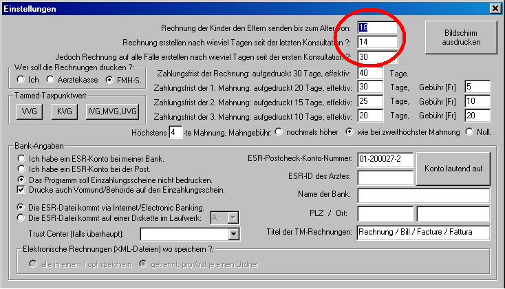 Rechnungs-Einstellungen, Kontoangaben, ESR, Mahnfristen, Mahngebühren, Trustcenter, Settings.